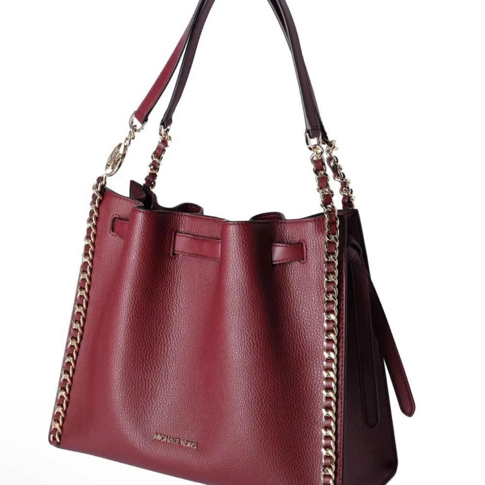 Michael Kors Mina Large Chain Shoulder Bag Hobo Tote Dark Cherry Pebbled Leather - Picture 3 of 8